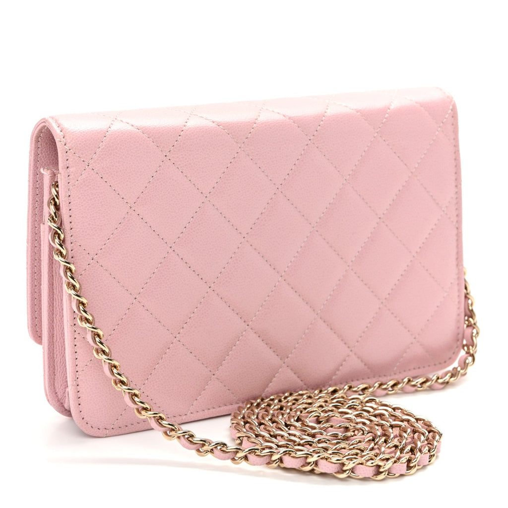 Caviar Quilted Studded CC Wallet on Chain WOC Light Pink