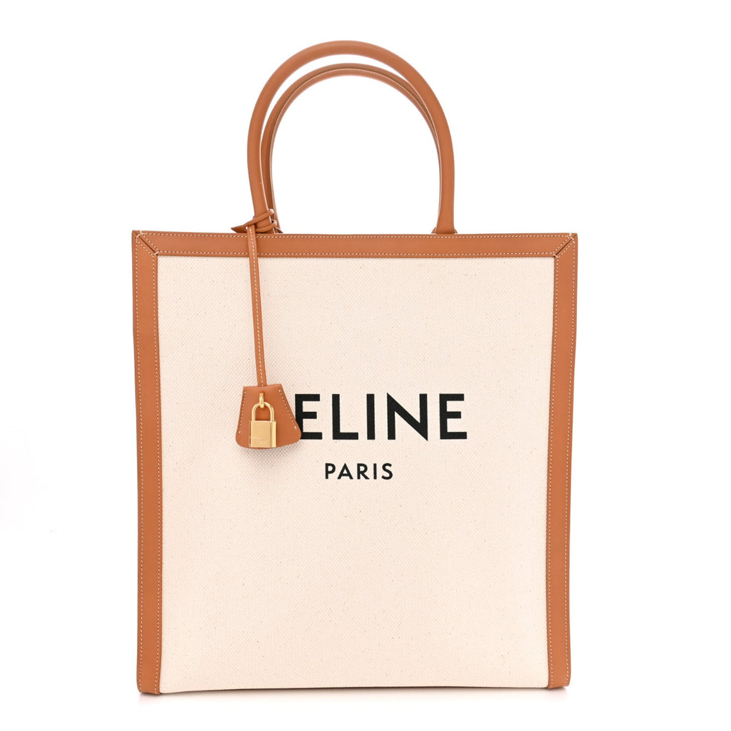 Canvas Calfskin Logo Print Vertical Cabas Natural Tan