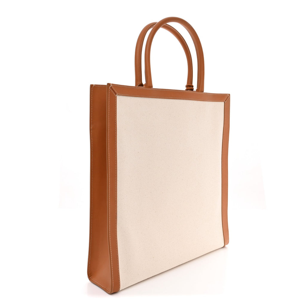 Canvas Calfskin Logo Print Vertical Cabas Natural Tan