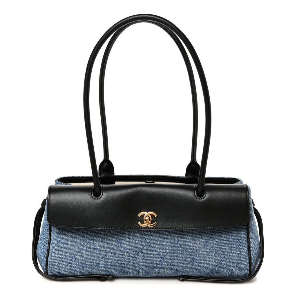 Calfskin Denim Stitched Urban Essentials Small Shopping Bag Blue Black