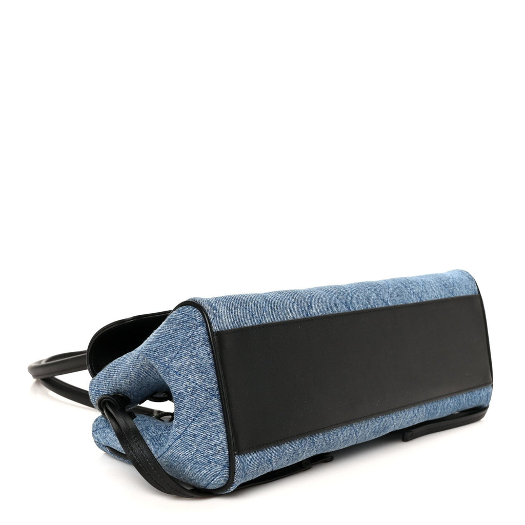 Calfskin Denim Stitched Urban Essentials Small Shopping Bag Blue Black