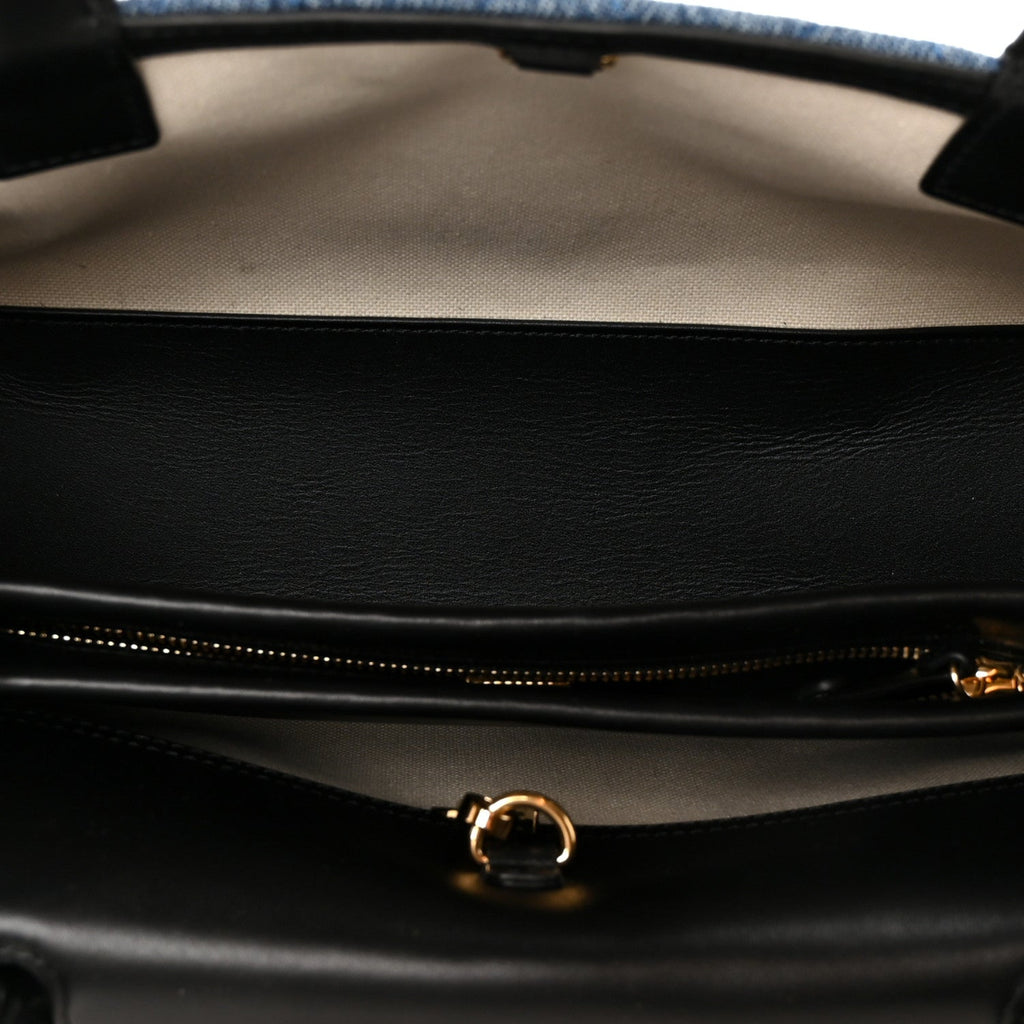 Calfskin Denim Stitched Urban Essentials Small Shopping Bag Blue Black