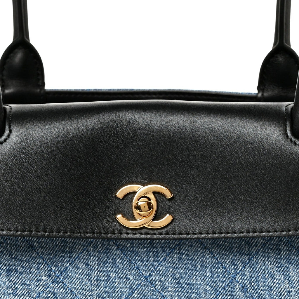 Calfskin Denim Stitched Urban Essentials Small Shopping Bag Blue Black