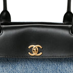 Calfskin Denim Stitched Urban Essentials Small Shopping Bag Blue Black