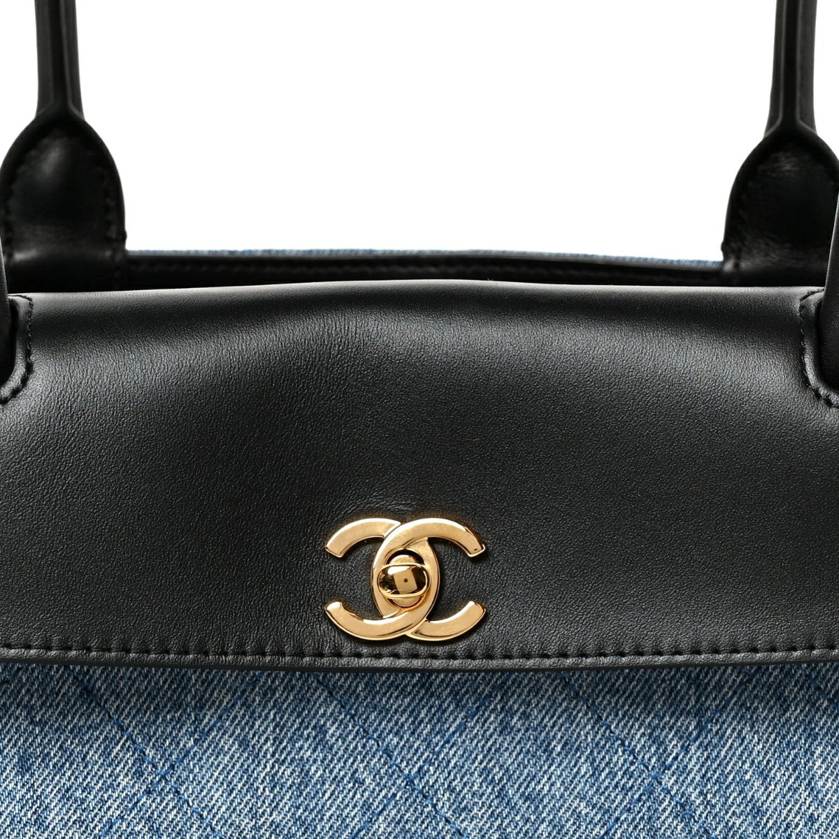Calfskin Denim Stitched Urban Essentials Small Shopping Bag Blue Black