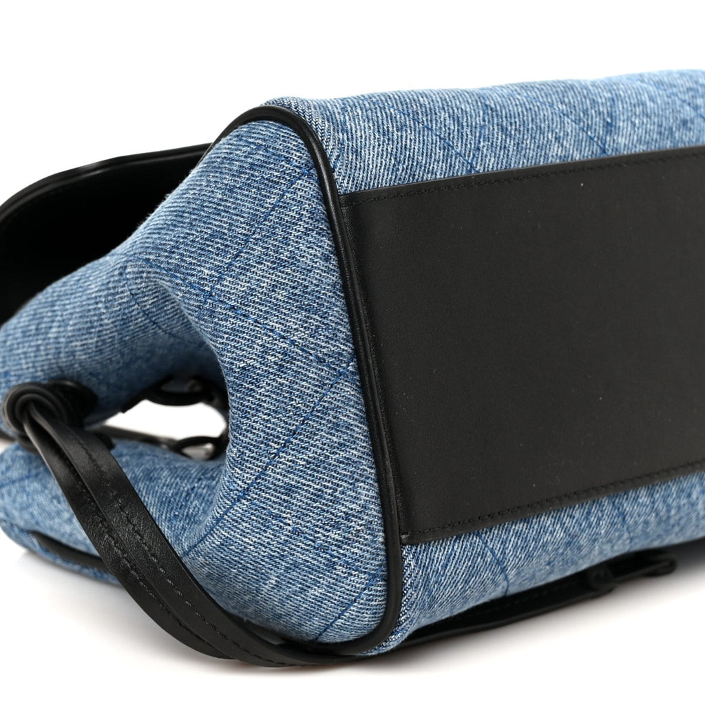 Calfskin Denim Stitched Urban Essentials Small Shopping Bag Blue Black