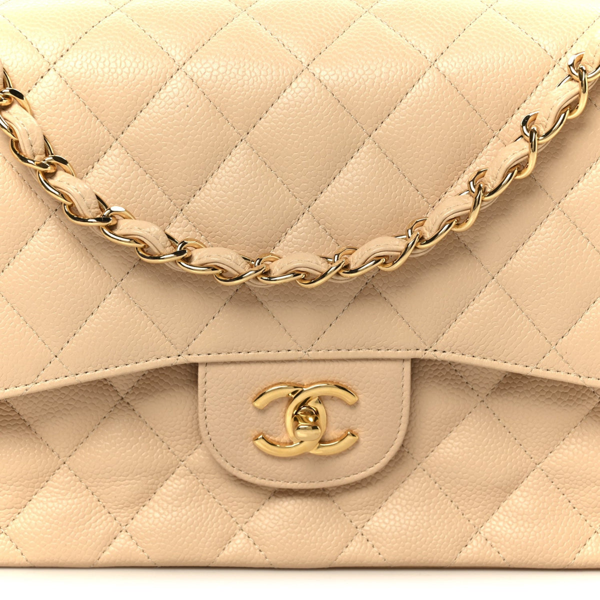 Caviar Quilted Jumbo Double Flap Beige