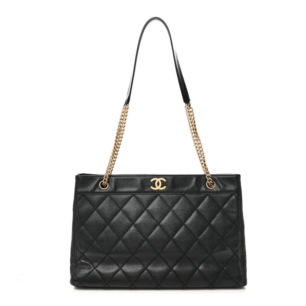 Caviar Quilted Shopping Tote Black