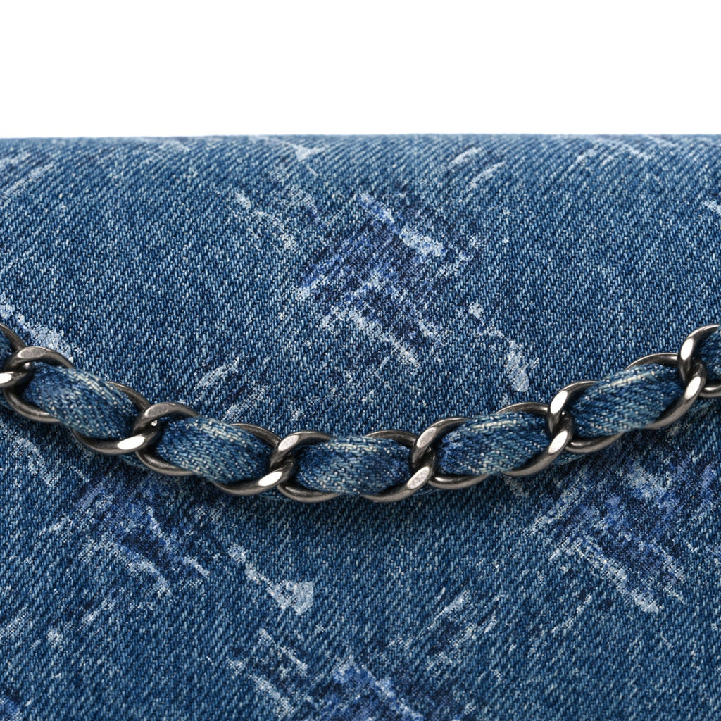 Denim Bleached Chain Medium Double Flap Blue