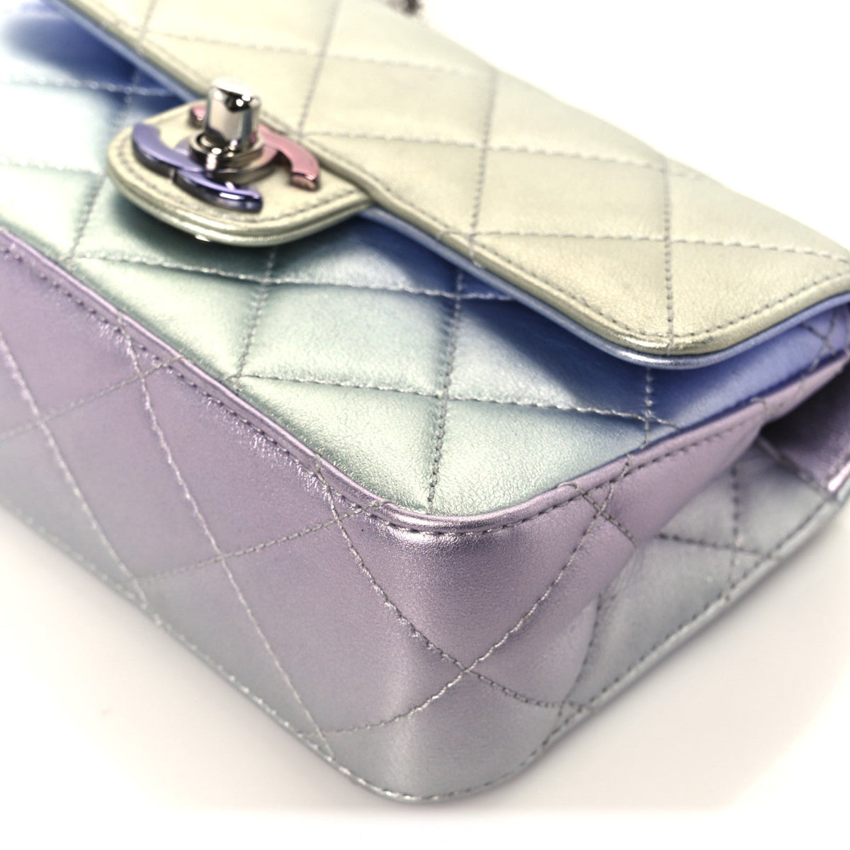 Gradient Metallic Calfskin Quilted Clutch Silver Blue Yellow Purple