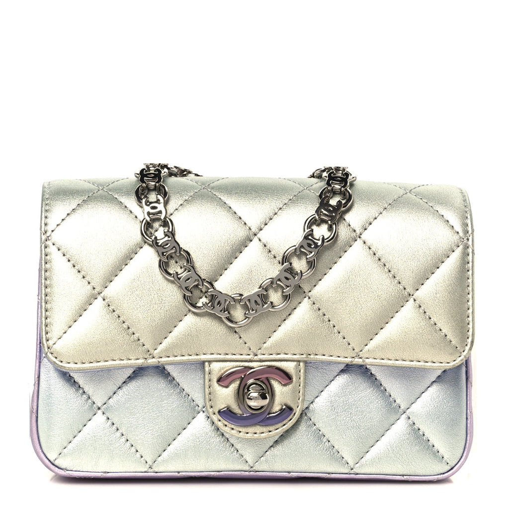 Gradient Metallic Calfskin Quilted Clutch Silver Blue Yellow Purple