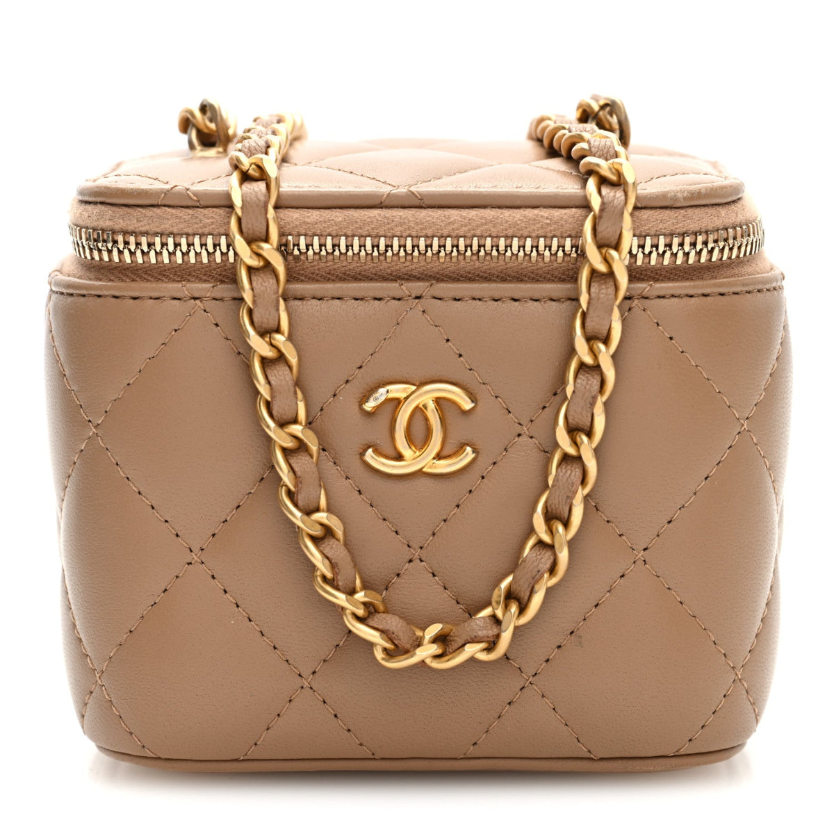 Lambskin Quilted Pearl Crush Mini Vanity Case With Chain Beige