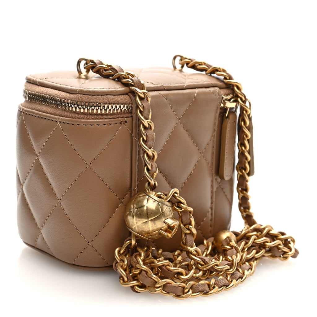 Lambskin Quilted Pearl Crush Mini Vanity Case With Chain Beige