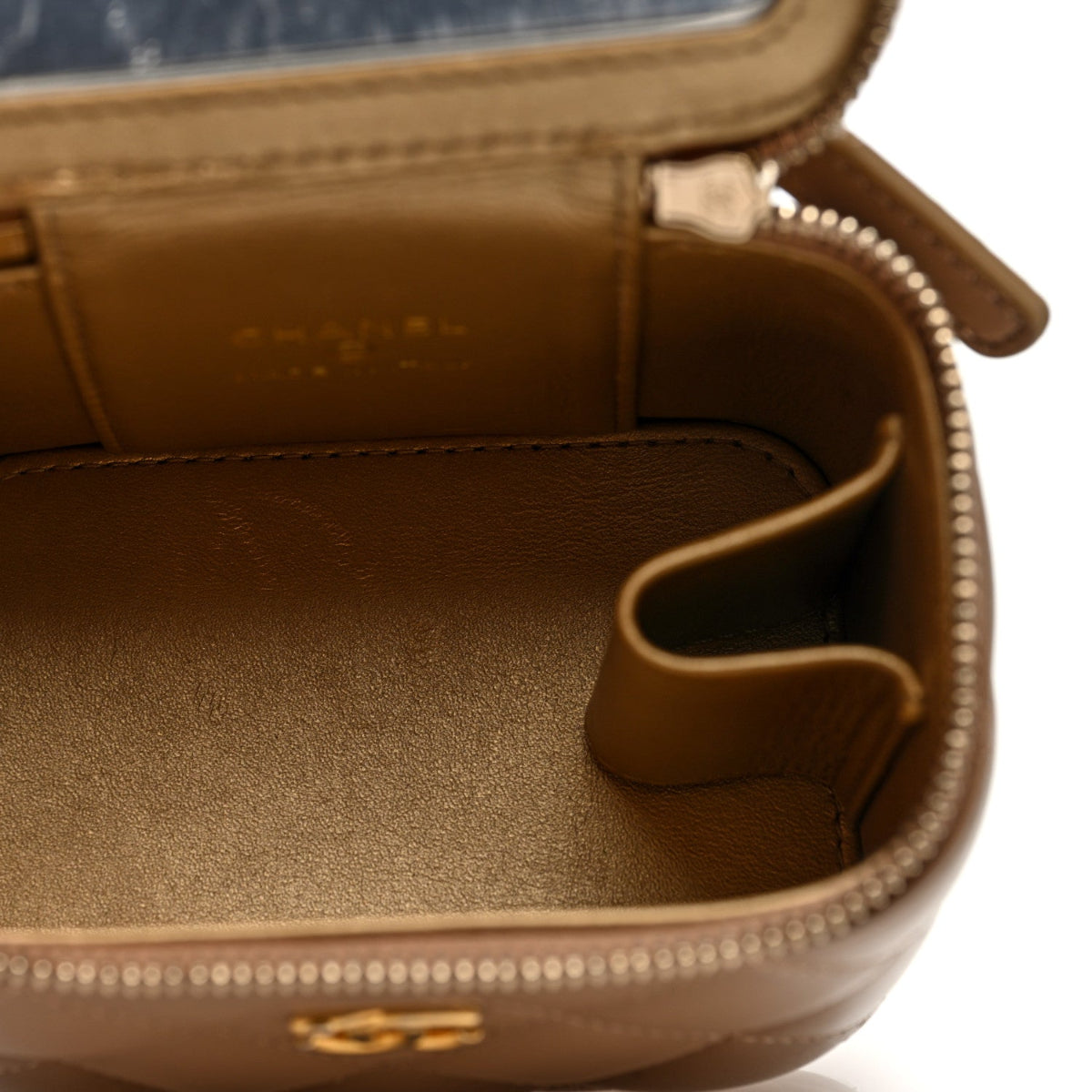 Lambskin Quilted Pearl Crush Mini Vanity Case With Chain Beige