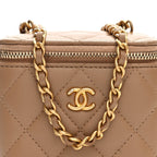 Lambskin Quilted Pearl Crush Mini Vanity Case With Chain Beige