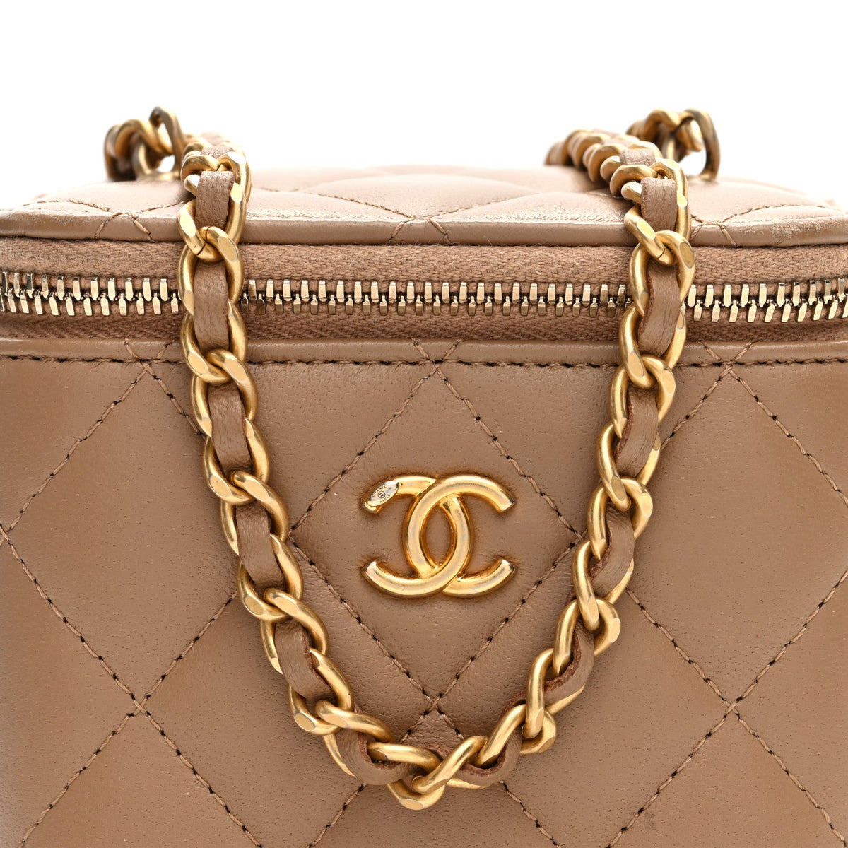 Lambskin Quilted Pearl Crush Mini Vanity Case With Chain Beige
