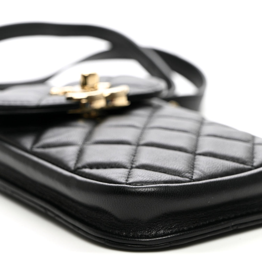 Lambskin Quilted Phone Chain Clutch Waist Bag Black