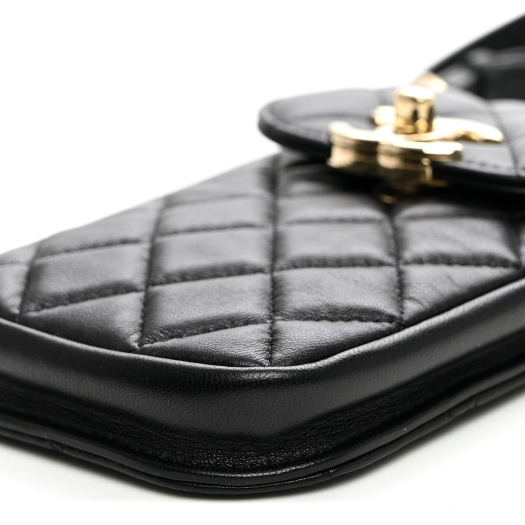 Lambskin Quilted Phone Chain Clutch Waist Bag Black