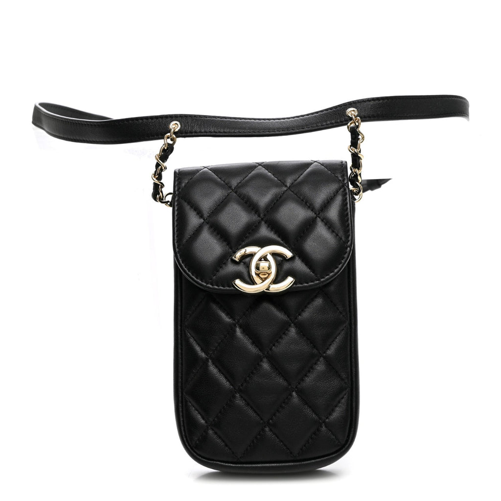 Lambskin Quilted Phone Chain Clutch Waist Bag Black
