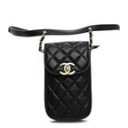 Lambskin Quilted Phone Chain Clutch Waist Bag Black