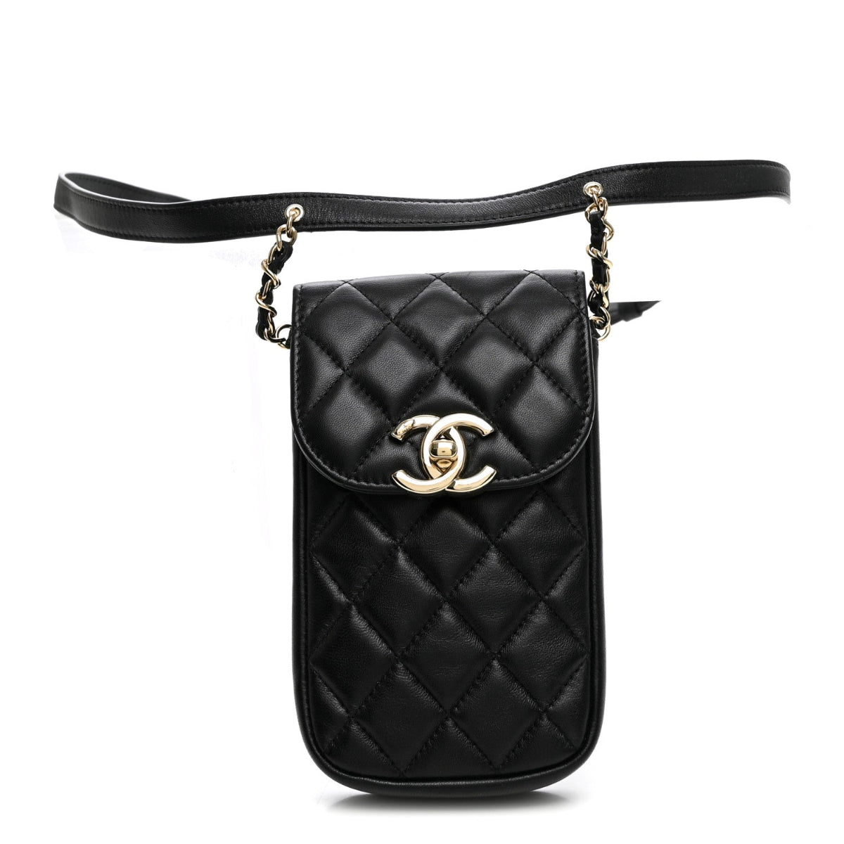 Lambskin Quilted Phone Chain Clutch Waist Bag Black