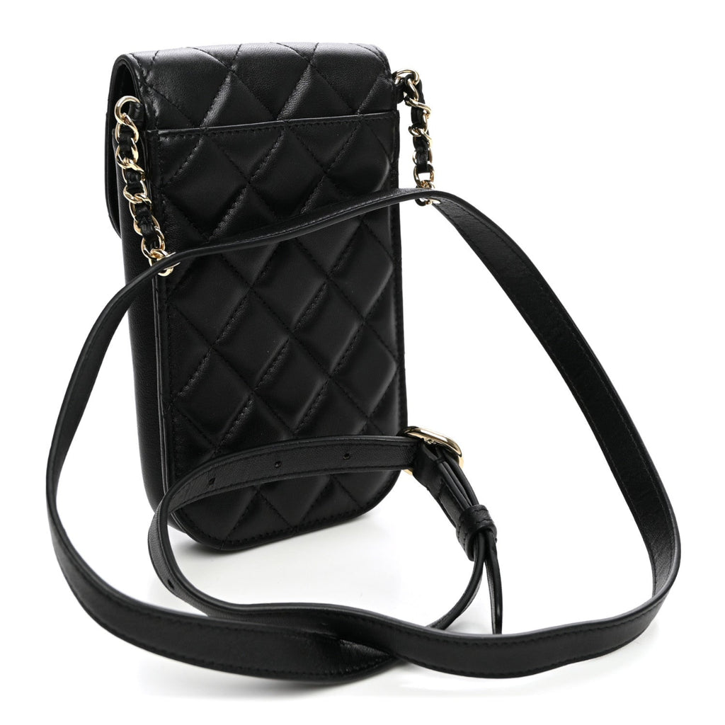Lambskin Quilted Phone Chain Clutch Waist Bag Black