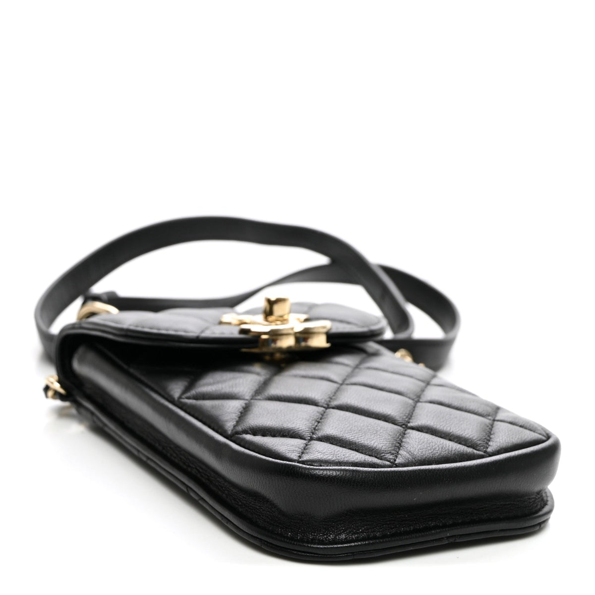 Lambskin Quilted Phone Chain Clutch Waist Bag Black