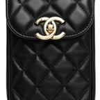 Lambskin Quilted Phone Chain Clutch Waist Bag Black
