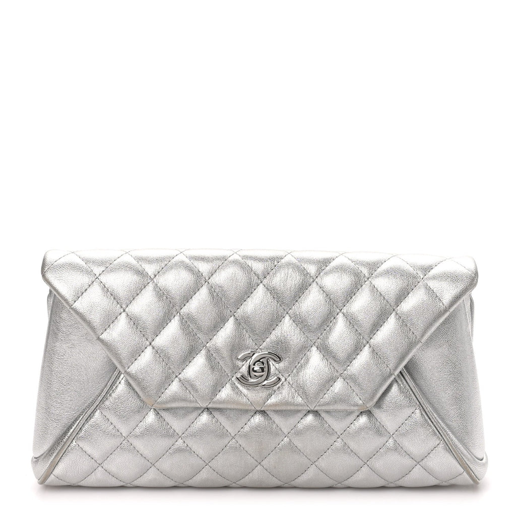 Metallic Calfskin Quilted Fold Up Again Clutch Silver