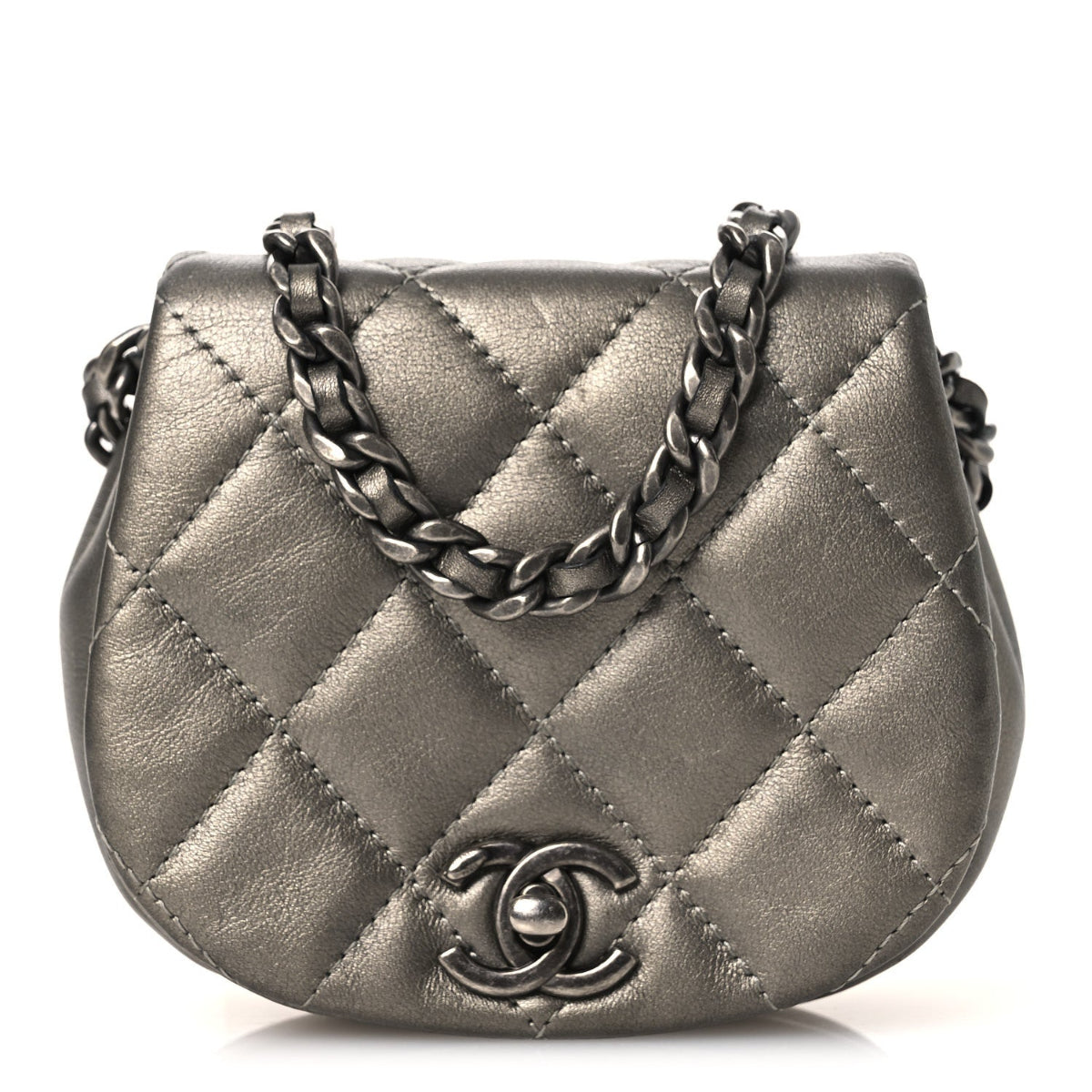 Metallic Calfskin Quilted Mini Coco Mail Clutch Ruthenium