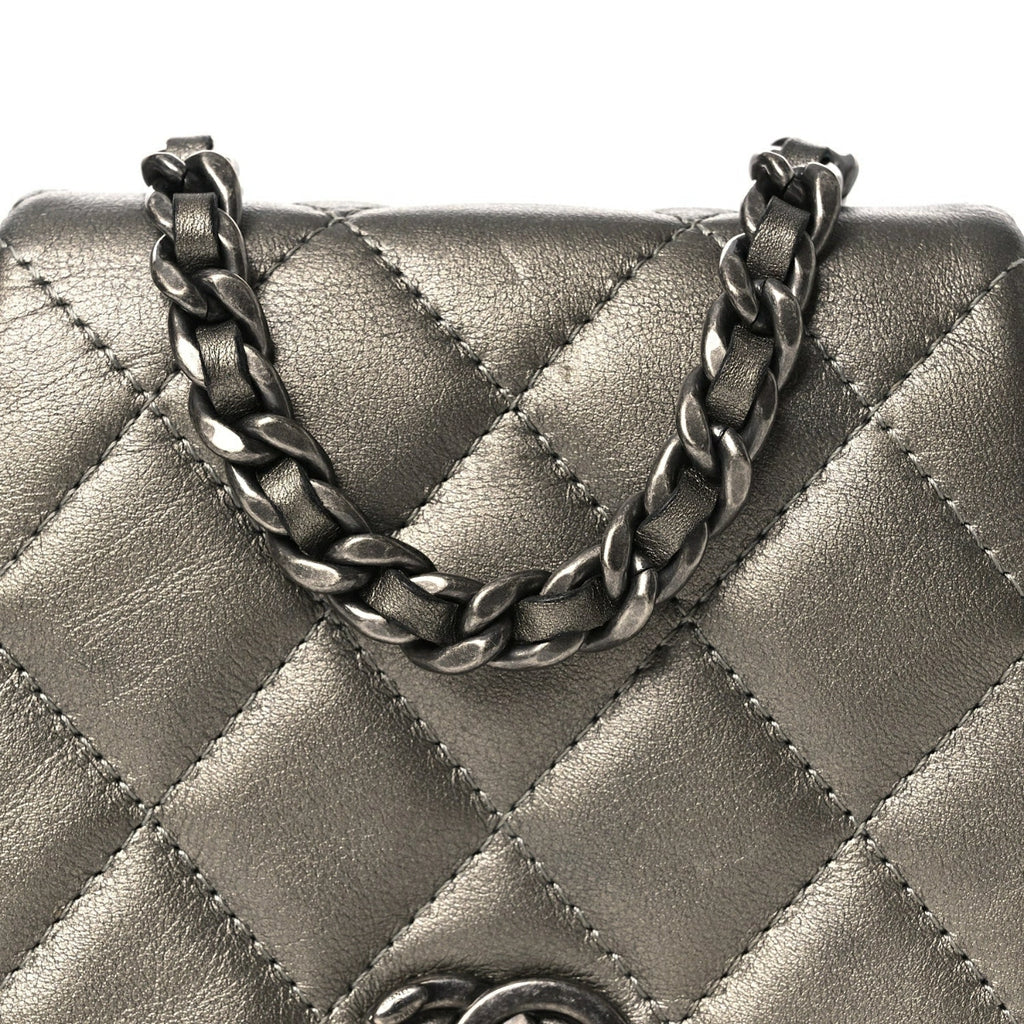 Metallic Calfskin Quilted Mini Coco Mail Clutch Ruthenium