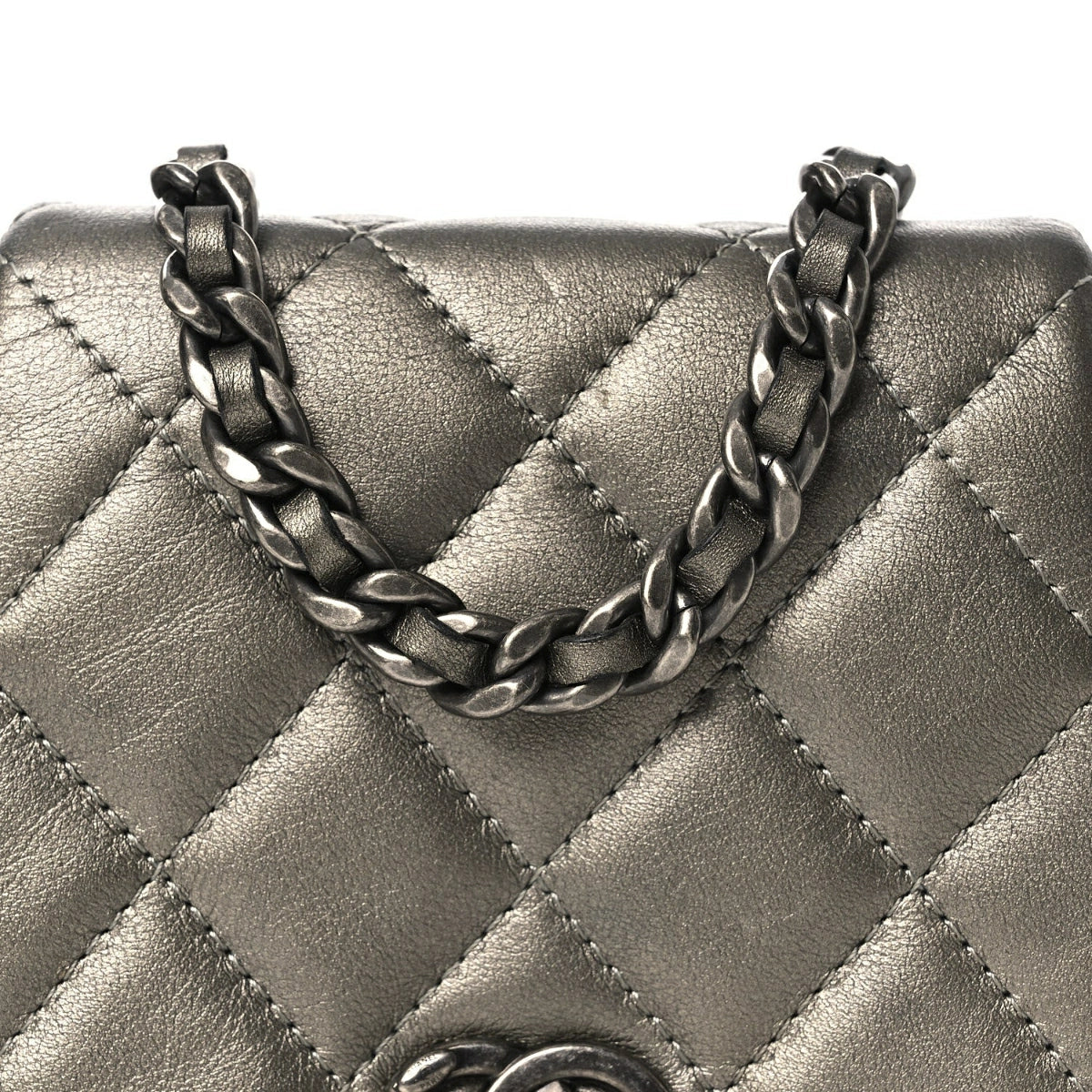 Metallic Calfskin Quilted Mini Coco Mail Clutch Ruthenium