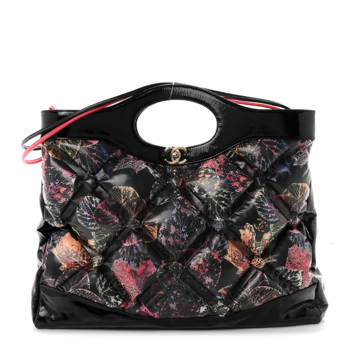 Patent Calfskin Canvas Printed Large 31 Shopping Bag Black