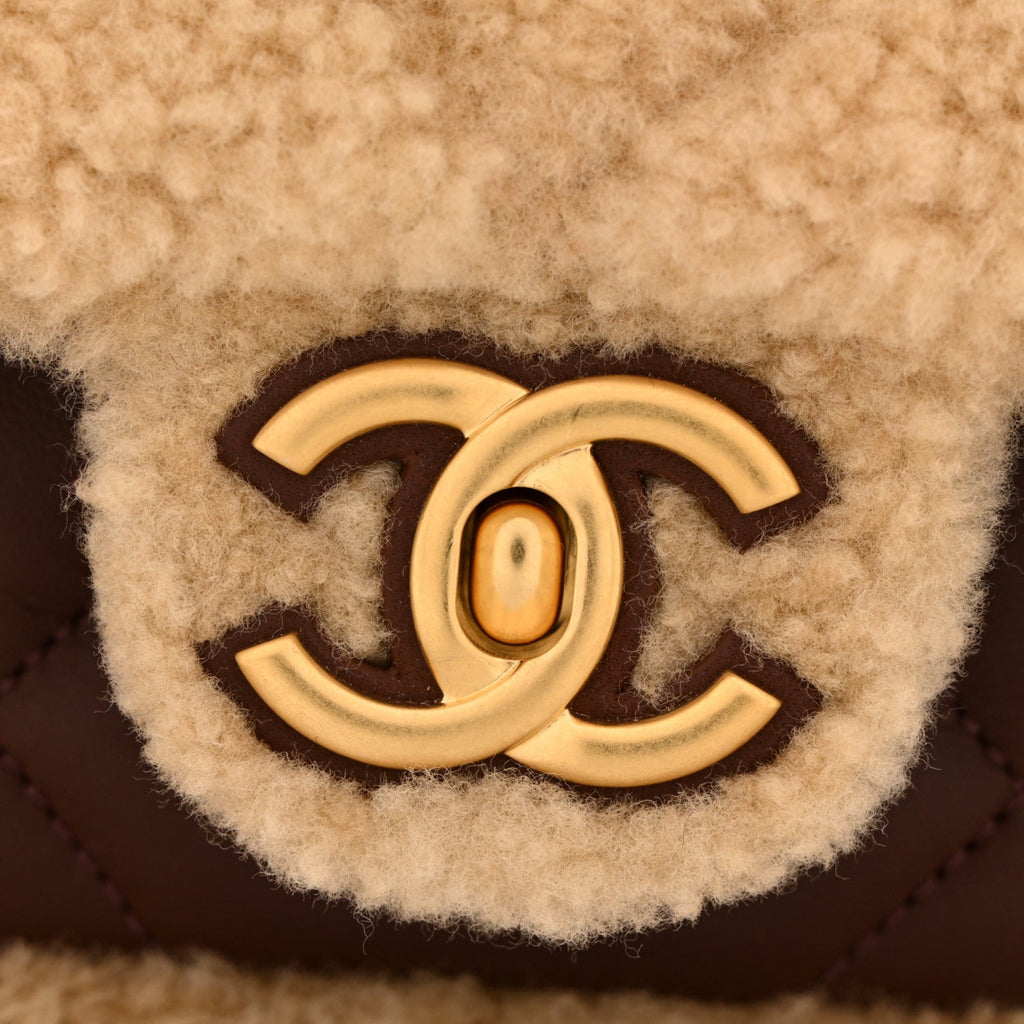 Shearling Lambskin Quilted Furry Coco Flap Beige Dark Brown