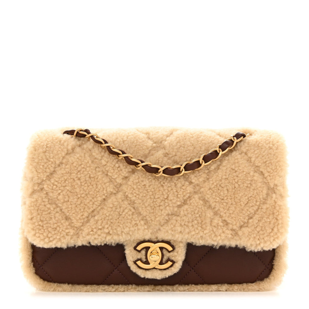 Shearling Lambskin Quilted Furry Coco Flap Beige Dark Brown