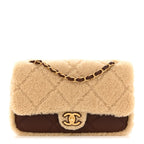 Shearling Lambskin Quilted Furry Coco Flap Beige Dark Brown