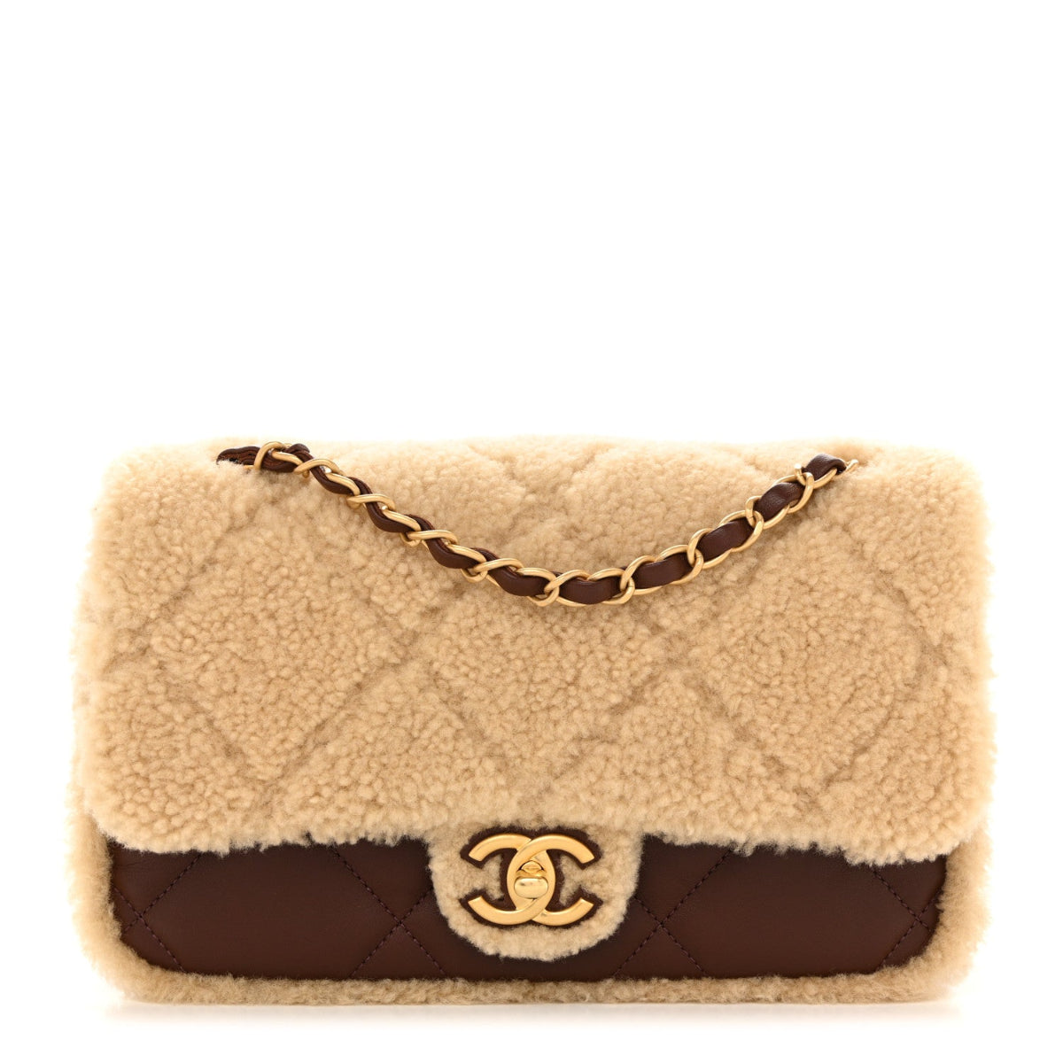 Shearling Lambskin Quilted Furry Coco Flap Beige Dark Brown