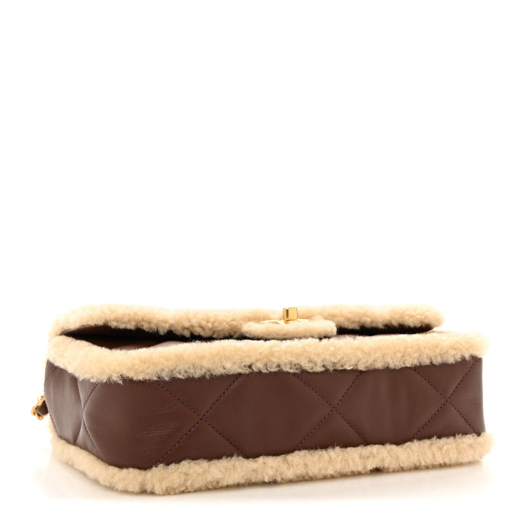 Shearling Lambskin Quilted Furry Coco Flap Beige Dark Brown