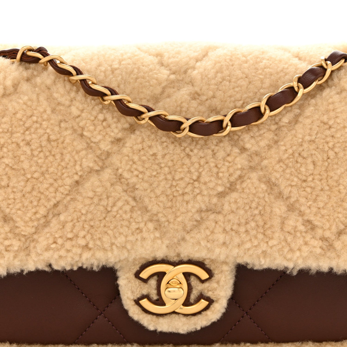 Shearling Lambskin Quilted Furry Coco Flap Beige Dark Brown