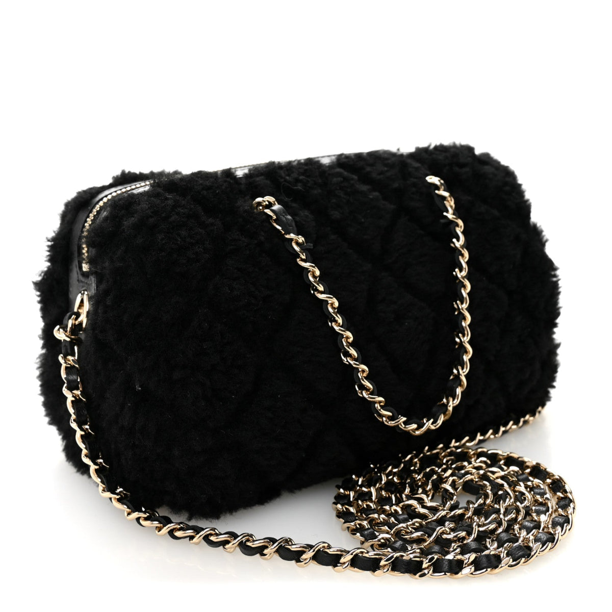 Shearling Quilted Barrel Clutch With Chain Black