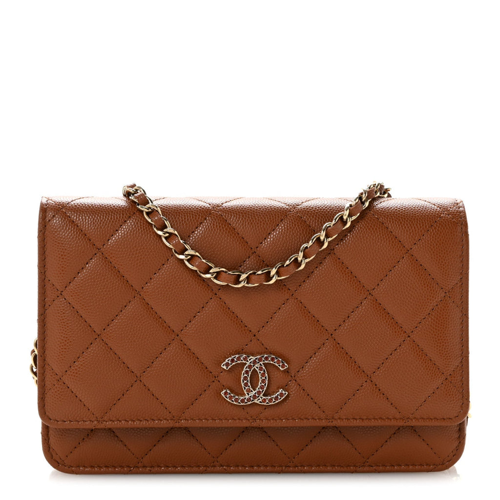 Shiny Caviar Quilted Strass Wallet On Chain WOC Light Brown
