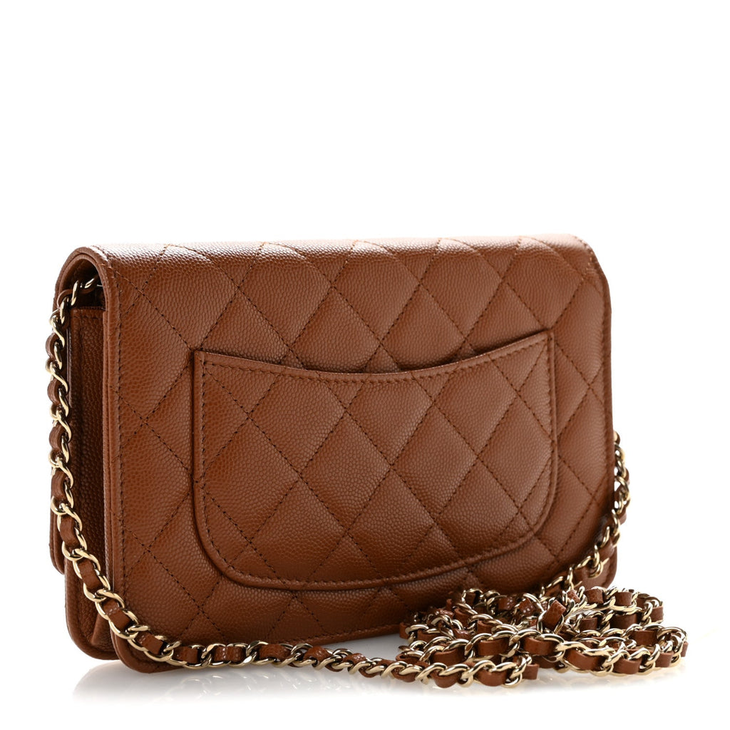 Shiny Caviar Quilted Strass Wallet On Chain WOC Light Brown