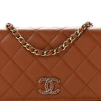 Shiny Caviar Quilted Strass Wallet On Chain WOC Light Brown
