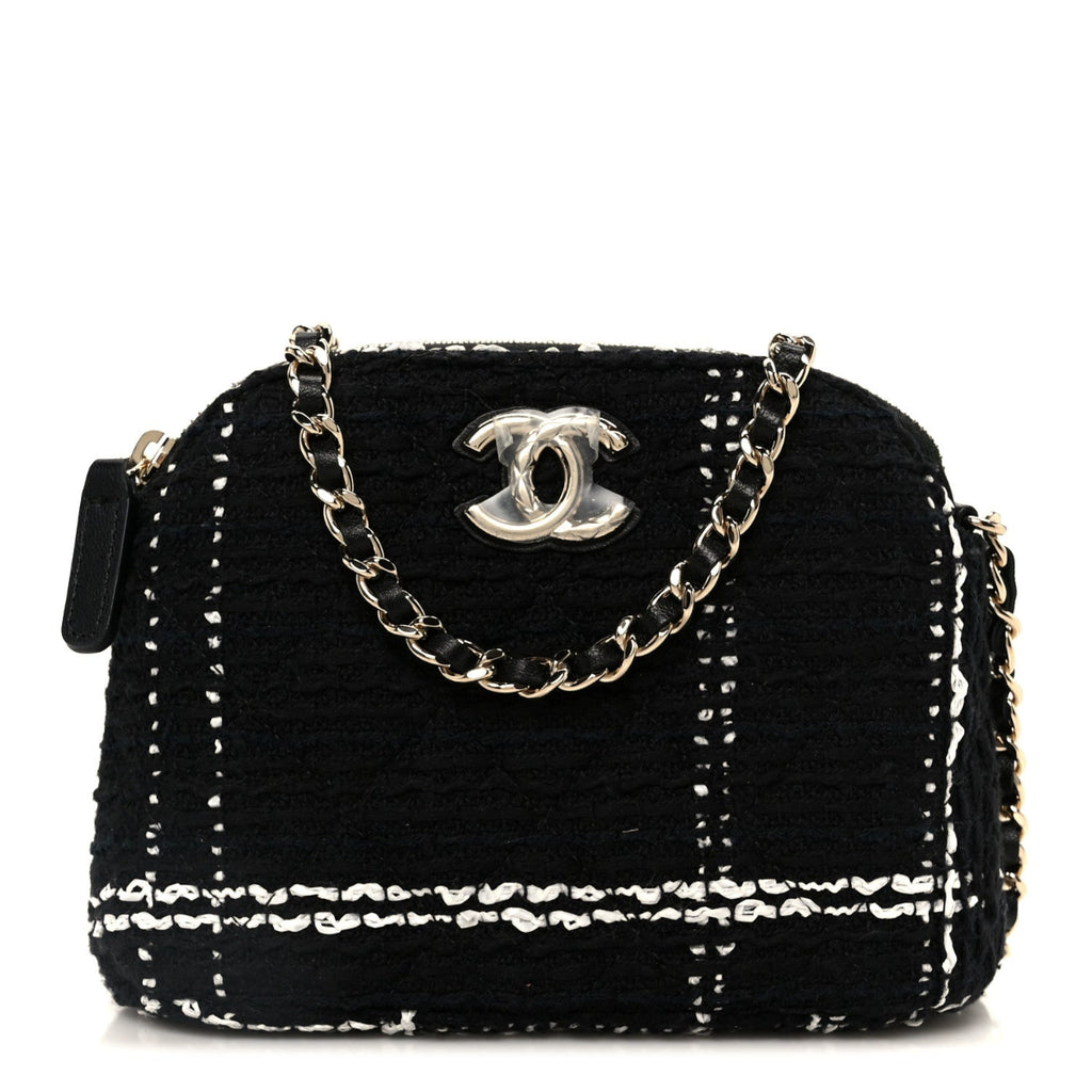 Tweed Quilted Mini Clutch With Chain Black White