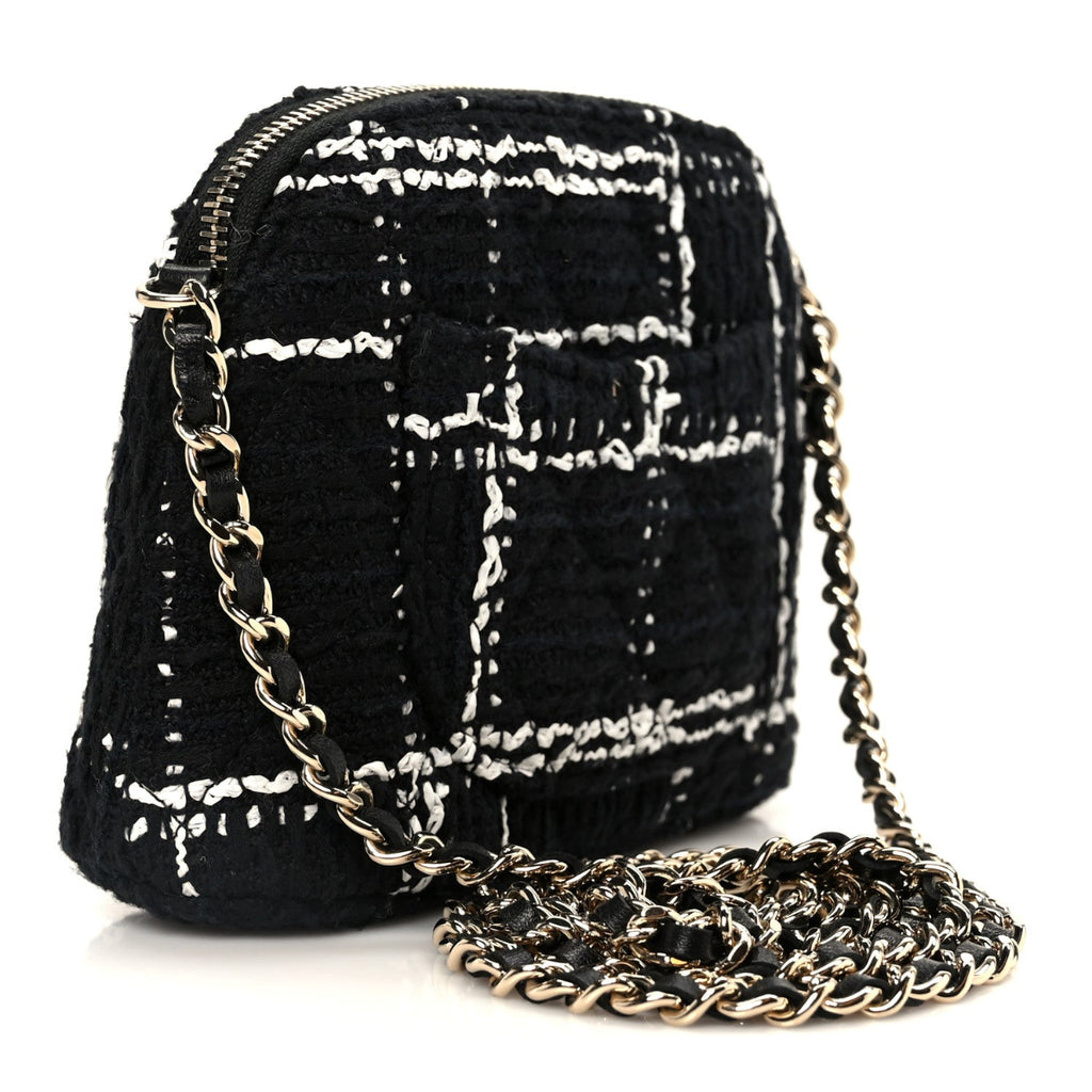 Tweed Quilted Mini Clutch With Chain Black White