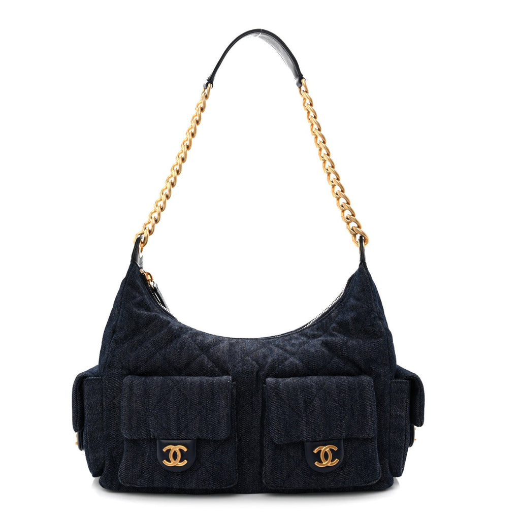 Washed Denim Quilted Cargo Large Hobo Dark Blue