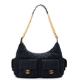 Washed Denim Quilted Cargo Large Hobo Dark Blue