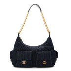 Washed Denim Quilted Cargo Large Hobo Dark Blue