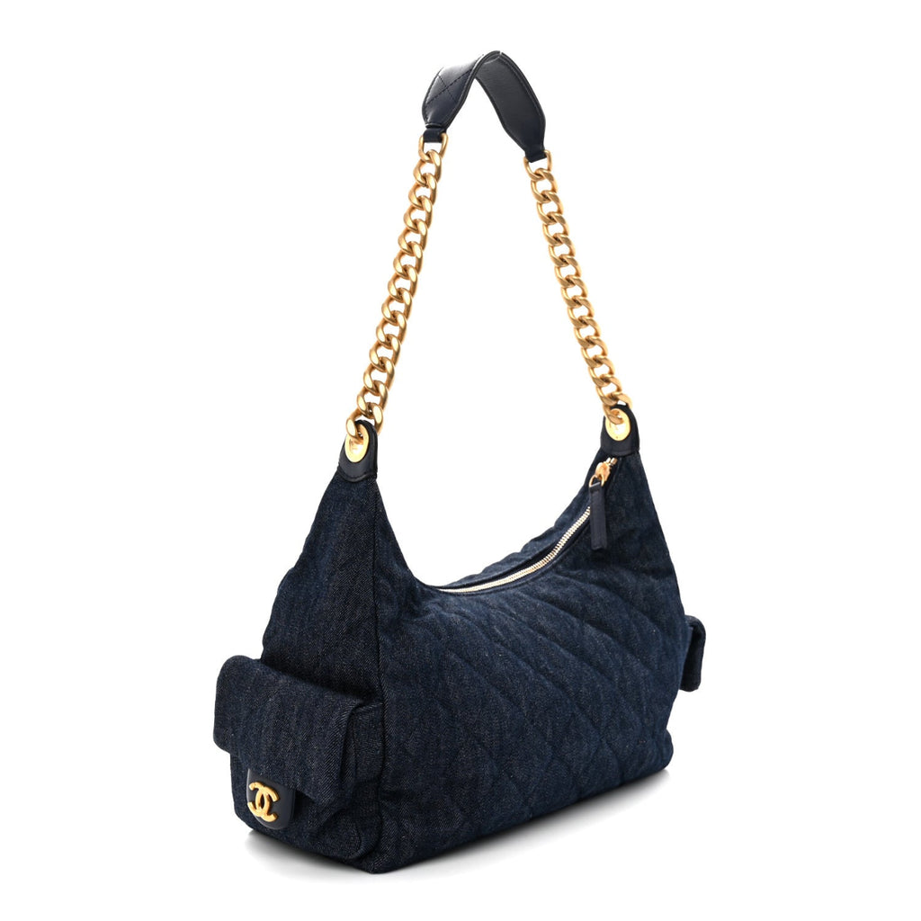 Washed Denim Quilted Cargo Large Hobo Dark Blue