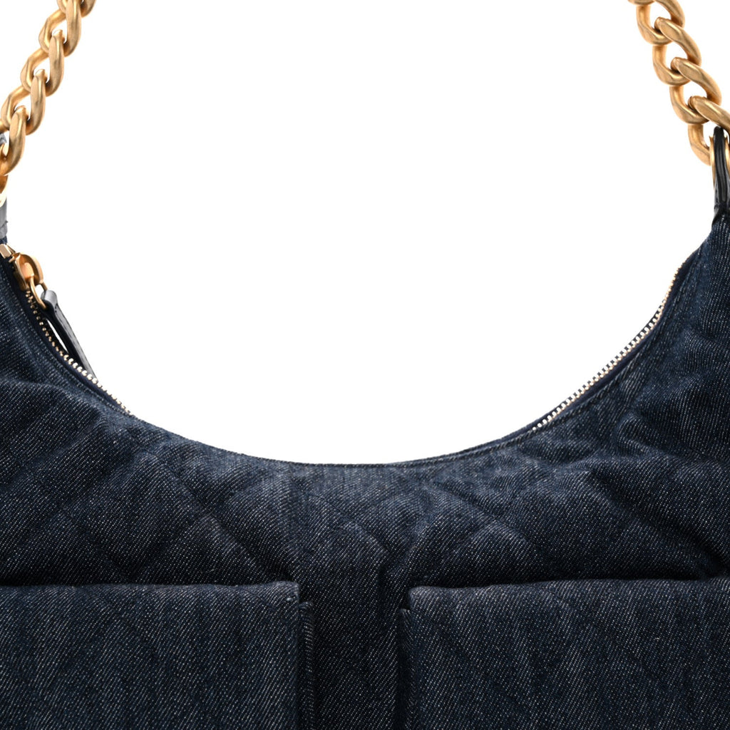 Washed Denim Quilted Cargo Large Hobo Dark Blue